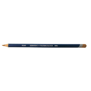 Single Derwent Watercolour pencil in Golden Brown lying flat on a white background, with a dark blue barrel, DERWENT WATERCOLOUR lettering and a Golden Brown tip and end