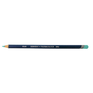 Single Derwent Watercolour pencil in Turquoise Green lying flat on a white background, with a dark blue barrel, DERWENT WATERCOLOUR lettering and a Turquoise Green tip and end