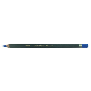 Derwent Artists Pencil in Oriental Blue, a single pencil on a white background with a dark green barrel, gold DERWENT ARTISTS lettering, a sharpened point and the end dipped in Oriental Blue