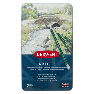 Closed Derwent Artists tin of 12 blendable colour pencils, lid printed with a coloured pencil drawing of a stone bridge