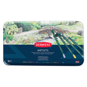 Derwent Artists tin of 36 colour pencils with the lid closed, showing an illustrated stone bridge scene and red Derwent logo