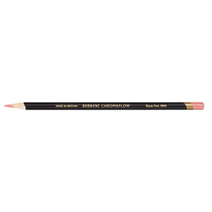 Derwent Chromaflow Blush Pink 0800 coloured pencil shown sharpened, with a black barrel, gold DERWENT CHROMAFLOW lettering and a soft coral pink end band