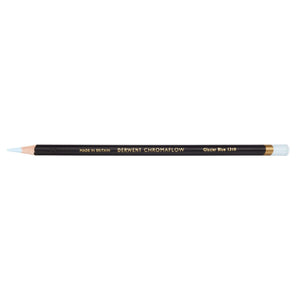 Single Derwent Chromaflow pencil in Glacier Blue 1310, sharpened, with a black barrel, gold Derwent Chromaflow lettering and a Glacier Blue end cap