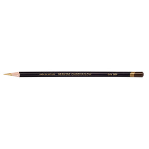 Single Derwent Chromaflow pencil in Gold 2600, sharpened, with a black barrel, gold Derwent Chromaflow lettering and a Gold end cap