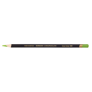 Derwent Chromaflow Grass Green 1800 coloured pencil lying flat and sharpened, black barrel with gold lettering and a Grass Green coloured end