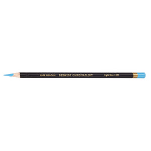 Single Derwent Chromaflow pencil in Light Blue 1400, sharpened, with a black barrel, gold Derwent Chromaflow lettering and a Light Blue end cap
