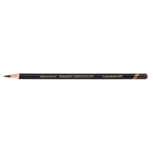 Derwent Chromaflow Natural Brown 2100 coloured pencil lying flat and sharpened, black barrel with gold lettering and a Natural Brown coloured end