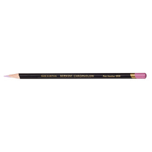 Derwent Chromaflow Pink Heather 0930 coloured pencil lying flat and sharpened, black barrel with gold lettering and a Pink Heather coloured end