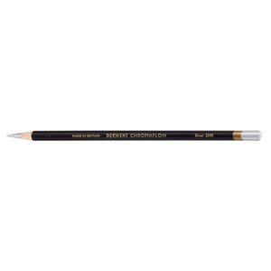 Derwent Chromaflow Silver 2500 coloured pencil lying flat and sharpened, black barrel with gold lettering and a Silver coloured end