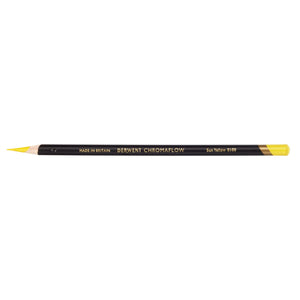 Derwent Chromaflow Sun Yellow 0100 coloured pencil lying flat and sharpened, black barrel with gold lettering and a Sun Yellow coloured end