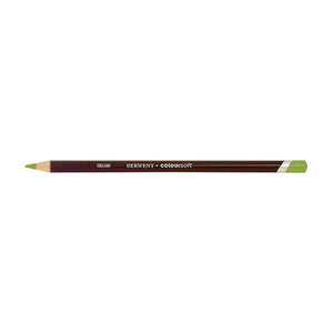Derwent Coloursoft Pencil Lime Green, a single sharpened pencil lying flat with the point to the left, a dark maroon barrel with DERWENT Coloursoft lettering and a Lime Green end cap.