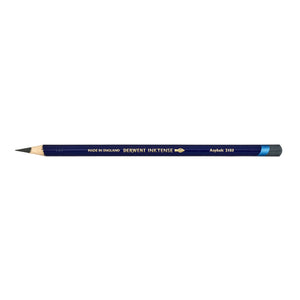 Derwent Inktense Asphalt pencil photographed side on against white, showing the sharpened tip, the dark blue barrel printed with Asphalt 2103 in gold, and the coloured end cap.
