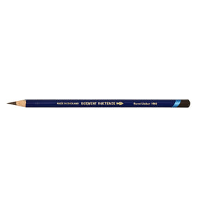 Single Derwent Inktense pencil in Burnt Umber, lying flat on a white background, with a dark blue barrel, gold Derwent Inktense lettering, the colour name and number 1903, and a sharpened point.