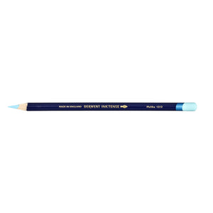 One Derwent Inktense pencil, colour Malibu 1213, shown horizontally on a plain white background with its point sharpened and the Derwent Inktense name in gold on the dark blue barrel.