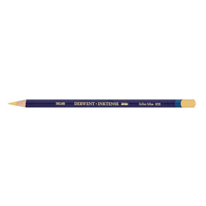 Single Derwent Inktense pencil in Sicilian Yellow, dark blue barrel printed DERWENT INKTENSE with Sicilian Yellow 0220 near the coloured end cap