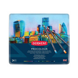 Closed Derwent Procolour 24 pencil tin, lid printed with a painted city skyline, the DERWENT logo and the PROCOLOUR name