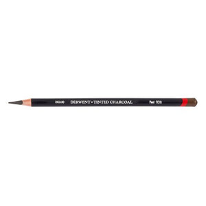 Derwent Tinted Charcoal pencil in Peat, black barrel printed Peat TC18 beside a red band and brown dipped end