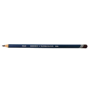 Single Derwent Watercolour pencil in Chocolate lying flat on white, barrel printed DERWENT WATERCOLOUR with a sharpened point