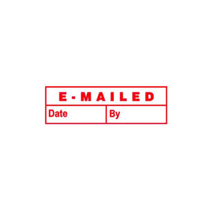 Deskmate pre-inked office stamp with E-Mailed Date and By message in red ink, front view on white background
