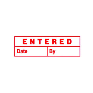 Red Deskmate ENTERED impression with a ruled box underneath divided into Date and By fields for handwritten details