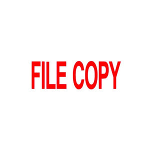 Deskmate pre-inked File Copy stamp in red with protective cap on, front view on white background