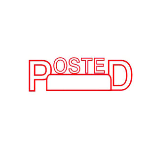 Deskmate pre-inked Posted Date stamp in red, shown upright with protective cap on, front view on white background