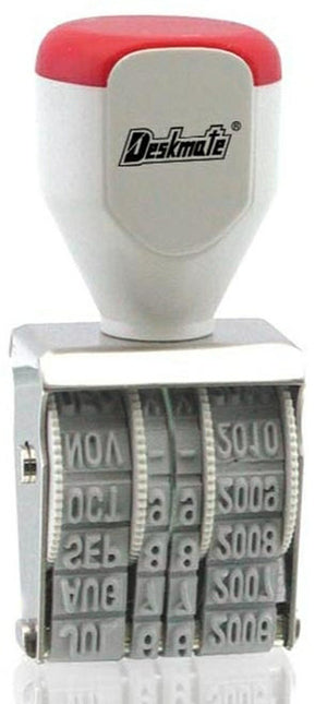 Deskmate rubber band date stamp with a red topped handle and grey frame, the rubber bands showing month and year settings