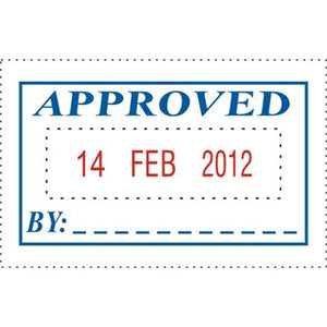 Deskmate self-inking Approved and Date stamp with blue and red ink, front view