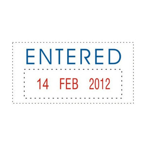 Deskmate self-inking stamp showing 'Entered and Date' text in blue with red date band