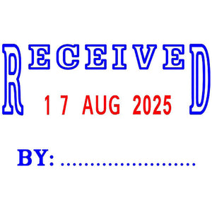 Deskmate self-inking stamp showing Received and Date impression in blue and red ink