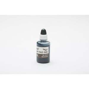Deskmate black stamp pad refill ink bottle with a white and black cap, labelled stamp pad ink, 30ml, waterbased