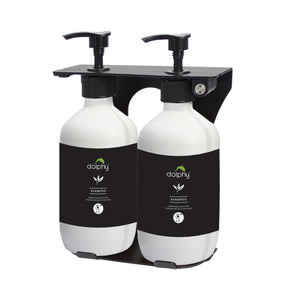 Dolphy EcoFlow refill dispenser set, two white pump bottles with black labels held side by side in a black wall bracket