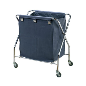 Dolphy foldable linen trolley with blue fabric bag on a chrome X frame, angled view showing the bag clips and castor wheels