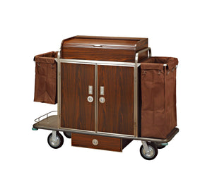 Dolphy hotel linen housekeeping cart in dark brown, showing the timber panelled body on a stainless steel frame with open shelving and wheels