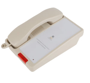 Dolphy lobby phone in ivory with a corded handset, plain grey faceplate without keypad and a red indicator on the front
