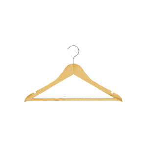 Dolphy lotus wood clothes hanger in white matte finish, showing the chrome hook, shoulder notches and teeth grip trouser bar