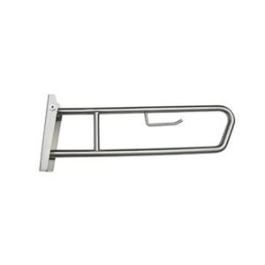 Dolphy pull down grab rail in silver stainless steel with a toilet roll holder hook on the upper rail and a flat wall bracket, on a white background
