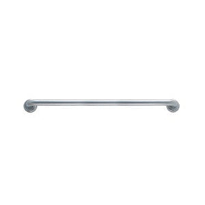 Dolphy straight grab rail in brushed silver stainless steel with a round wall flange at each end, shown on a white background