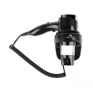 Dolphy wall mount hair dryer in black ABS, showing the handheld unit seated in its wall bracket with speed and heat controls