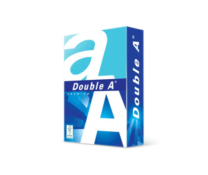 Double A Premium A5 80gsm ream, white wrapper with large blue letters, Double A Premium and the FSC Mix label, no pink panel, official render.