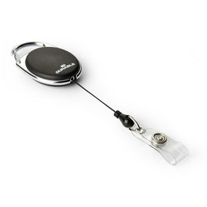 Durable STYLE badge reel in black with a snap button strap