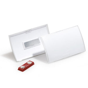Durable Click Fold magnetic name badge opened, empty, with its red magnet beside it