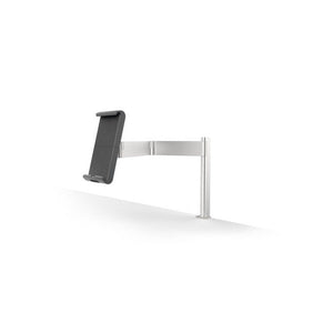 Durable TABLET HOLDER TABLE CLAMP in silver with an empty holder on its swing arm clamped to a desk edge