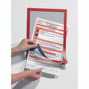 Durable Duraframe A4 sign holder in red with fold-back magnetic frame, shown mounted on a smooth surface displaying an A4 document