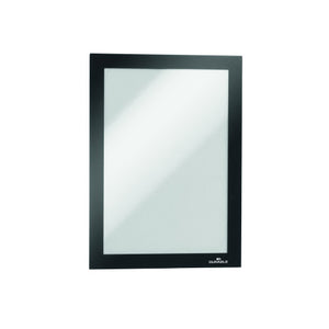 Durable 487101 Duraframe A5 sign holder adhesive back black hero view showing compact 168 x 236mm frame with self-adhesive back and magnetic closure