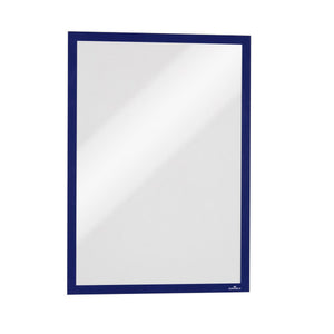 Durable Duraframe A3 navy magnetic sign holder mounted on a glass surface showing double-sided visibility