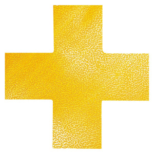 Durable yellow floor marking cross, top view showing the textured surface