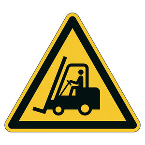 Durable yellow and black triangular floor sign with a forklift warning symbol