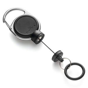Durable retractable reel for hand sanitiser in black with rubber O-ring, front view