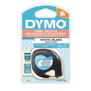 Dymo LetraTag plastic label tape 12mm x 4m black on white moisture resistant single roll